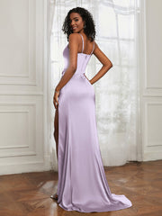 Stretch Satin Backless Mermaid Gown With Slit Lilac