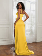 Stretch Satin Backless Mermaid Gown With Slit Marigold