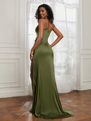 Stretch Satin Backless Mermaid Gown With Slit Olive Green