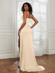 Stretch Satin Backless Mermaid Gown With Slit Peach
