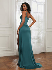 Stretch Satin Backless Mermaid Gown With Slit Peacock