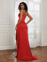 Stretch Satin Backless Mermaid Gown With Slit Red