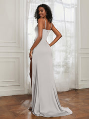 Stretch Satin Backless Mermaid Gown With Slit Silver Plus Size