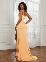 Stretch Satin Backless Mermaid Gown With Slit Tangerine