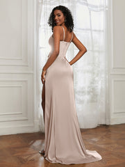Stretch Satin Backless Mermaid Gown With Slit Taupe