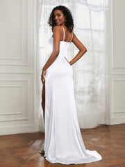 Stretch Satin Backless Mermaid Gown With Slit White