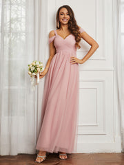 Off-the-shoulder Ruched Tulle A-line Dress Dusty Rose