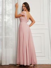 Off-the-shoulder Ruched Tulle A-line Dress Dusty Rose
