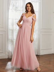 Off-the-shoulder Ruched Tulle A-line Dress Dusty Rose