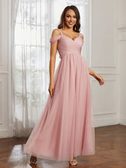 Off-the-shoulder Ruched Tulle A-line Dress Dusty Rose