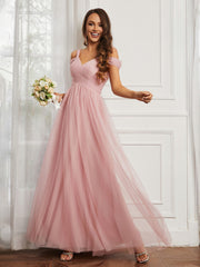 Off-the-shoulder Ruched Tulle A-line Dress Dusty Rose Plus Size