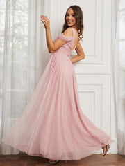 Off-the-shoulder Ruched Tulle A-line Dress Dusty Rose