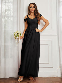 Off-the-shoulder Ruched Tulle A-line Dress Black