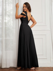 Off-the-shoulder Ruched Tulle A-line Dress Black
