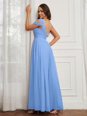 Off-the-shoulder Ruched Tulle A-line Dress Blue Plus Size