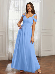 Off-the-shoulder Ruched Tulle A-line Dress Blue