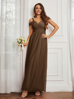 Off-the-shoulder Ruched Tulle A-line Dress Brown