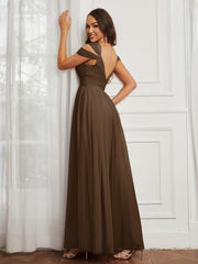 Off-the-shoulder Ruched Tulle A-line Dress Brown Plus Size