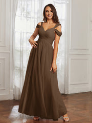 Off-the-shoulder Ruched Tulle A-line Dress Brown