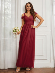Off-the-shoulder Ruched Tulle A-line Dress Burgundy