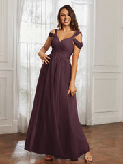 Off-the-shoulder Ruched Tulle A-line Dress Cabernet