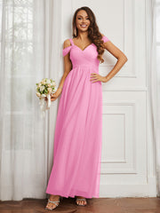 Off-the-shoulder Ruched Tulle A-line Dress Candy Pink