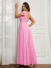 Off-the-shoulder Ruched Tulle A-line Dress Candy Pink