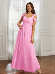 Off-the-shoulder Ruched Tulle A-line Dress Candy Pink Plus Size