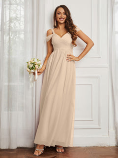 Off-the-shoulder Ruched Tulle A-line Dress Champagne