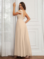 Off-the-shoulder Ruched Tulle A-line Dress Champagne