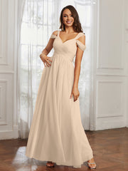 Off-the-shoulder Ruched Tulle A-line Dress Champagne