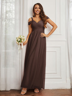 Off-the-shoulder Ruched Tulle A-line Dress Chocolate