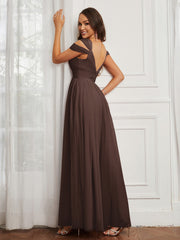 Off-the-shoulder Ruched Tulle A-line Dress Chocolate Plus Size