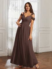 Off-the-shoulder Ruched Tulle A-line Dress Chocolate