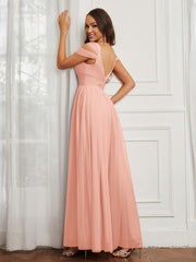 Off-the-shoulder Ruched Tulle A-line Dress Coral