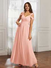 Off-the-shoulder Ruched Tulle A-line Dress Coral Plus Size