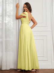 Off-the-shoulder Ruched Tulle A-line Dress Daffodil