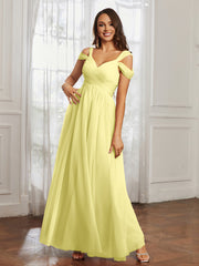 Off-the-shoulder Ruched Tulle A-line Dress Daffodil