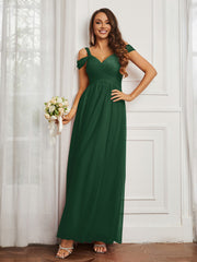 Off-the-shoulder Ruched Tulle A-line Dress Dark Green