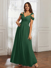 Off-the-shoulder Ruched Tulle A-line Dress Dark Green Plus Size