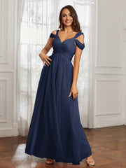 Off-the-shoulder Ruched Tulle A-line Dress Dark Navy