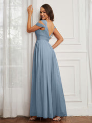 Off-the-shoulder Ruched Tulle A-line Dress Dusty Blue