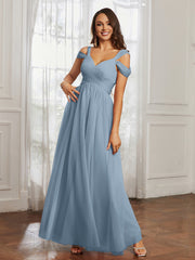 Off-the-shoulder Ruched Tulle A-line Dress Dusty Blue Plus Size