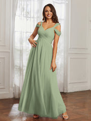 Off-the-shoulder Ruched Tulle A-line Dress Dusty Sage Plus Size