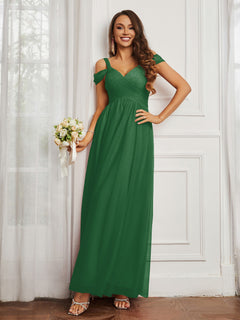 Off-the-shoulder Ruched Tulle A-line Dress Emerald