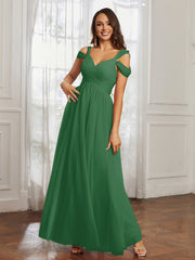Off-the-shoulder Ruched Tulle A-line Dress Emerald