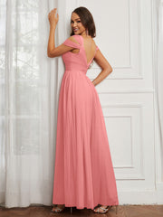 Off-the-shoulder Ruched Tulle A-line Dress Flamingo Plus Size
