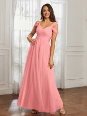 Off-the-shoulder Ruched Tulle A-line Dress Flamingo