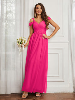 Off-the-shoulder Ruched Tulle A-line Dress Fuchsia