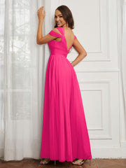 Off-the-shoulder Ruched Tulle A-line Dress Fuchsia